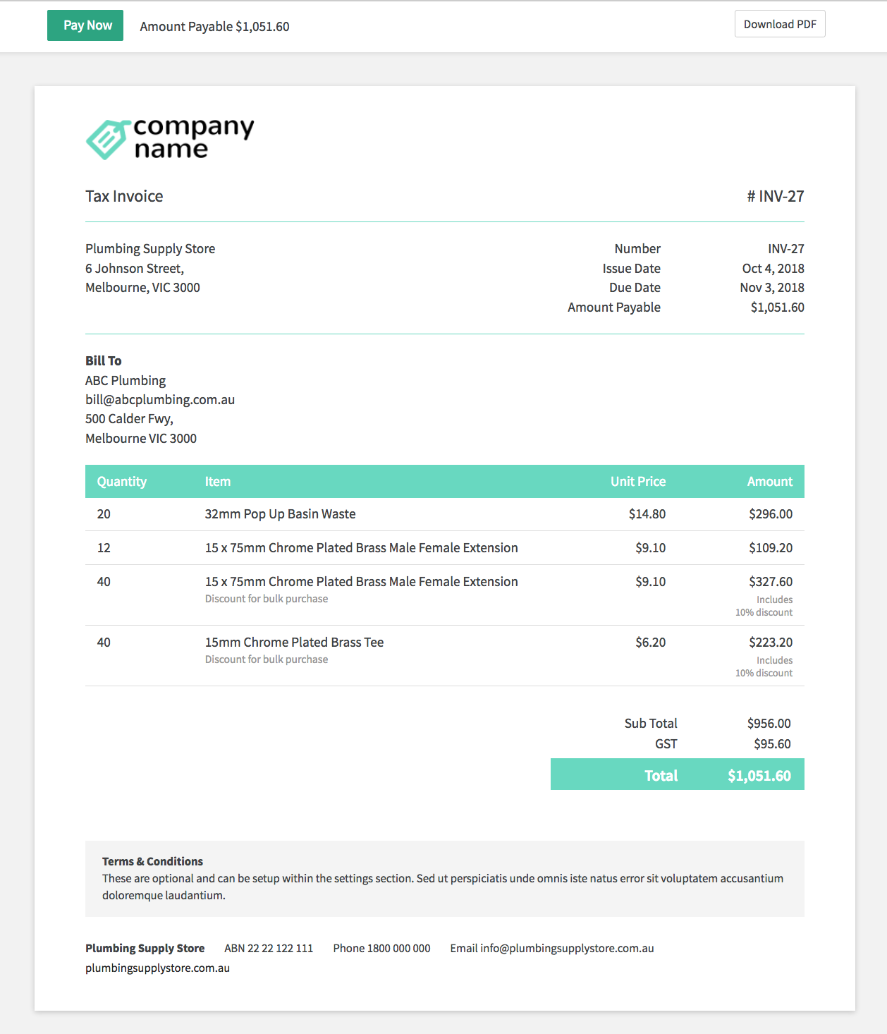 Australian tax invoice template - suitable for sole trader
